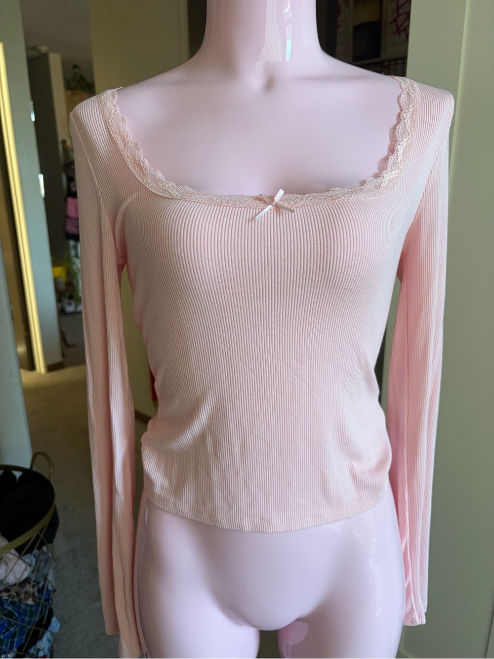 Delicate Ribbed Lace-Trim Long Sleeve Top in Blush